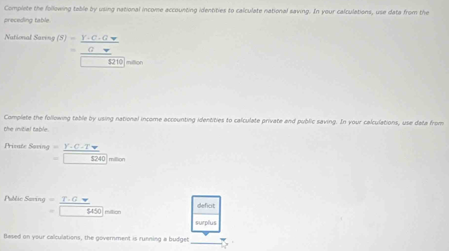 Complete the following table by using national income accounting identities to calculate national saving. In your calculations, use data from the 
preceding table. 
National Saving )(S)=frac beginarrayr Y· C· Gdownarrow  Gdownarrow endarray 5210
□  
million 
Complete the following table by using national income accounting identities to calculate private and public saving. In your calculations, use data from 
the initial table. 
Private Saring=_ Y-C-T
=□ $240 million
Public Saving =_ T· G deficit
=□ $450 □ milion
surplus 
Based on your calculations, the government is running a budget 
_