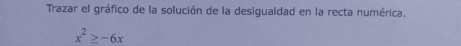 Trazar el gráfico de la solución de la desigualdad en la recta numérica.
x^2≥ -6x