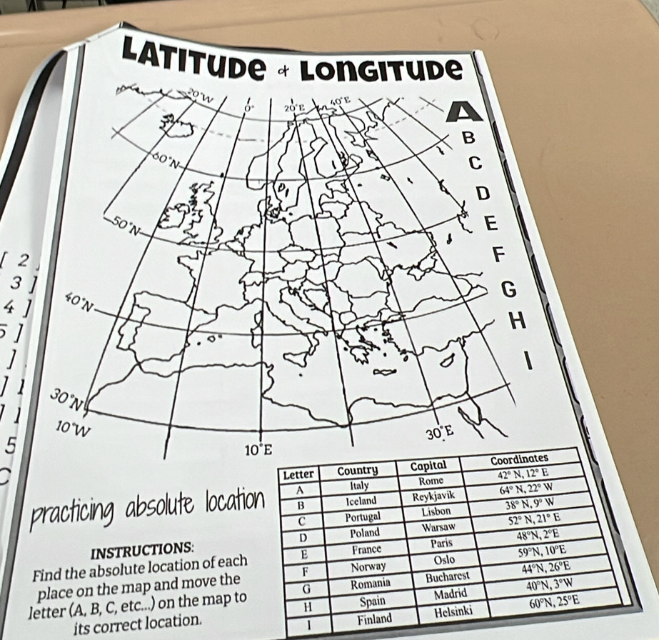 3j
4^5 1
1
1
5
practicing absolute locatio
INSTRUCTIONS:
Find the absolute location of each
place on the map and move the
letter (A, B, C, etc...) on the map to
its correct location.