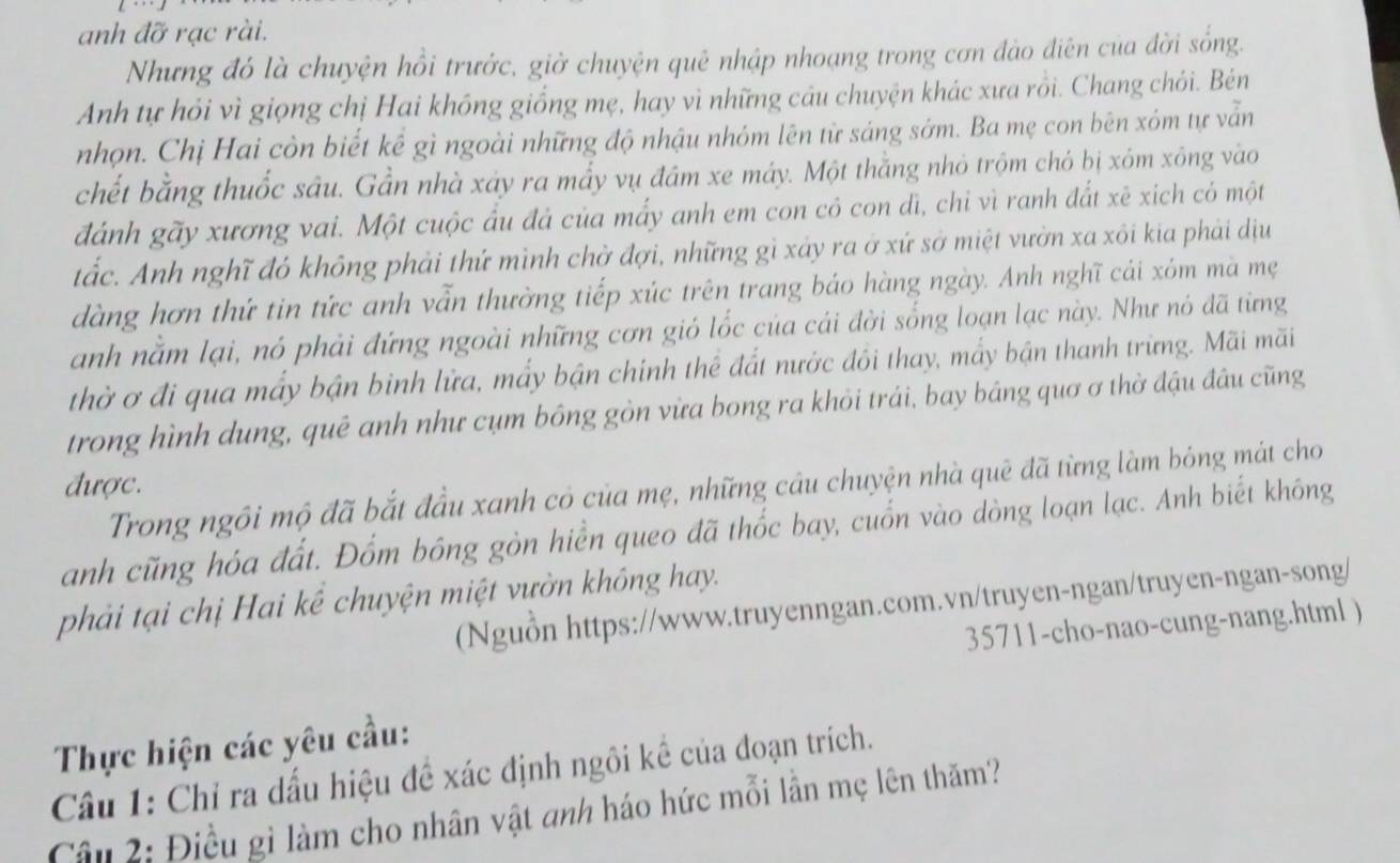 anh đỡ rạc rài.
Nhưng đó là chuyện hồi trưởc, giờ chuyện quê nhập nhoạng trong cơn đảo điên của đời sống.
Anh tự hỏi vì giọng chị Hai không giống mẹ, hay vì những câu chuyện khác xưa rồi. Chang chói. Bén
nhọn. Chị Hai còn biết kể gì ngoài những độ nhậu nhóm lên từ sáng sớm. Ba mẹ con bên xóm tự vẫn
chết bằng thuốc sâu. Gần nhà xảy ra mấy vụ đâm xe máy. Một thằng nhỏ trộm chó bị xóm xông vào
đánh gãy xương vai. Một cuộc ấu đá của mấy anh em con cô con dì, chỉ vì ranh đất xẽ xich có một
tắc. Anh nghĩ đó không phải thứ mình chờ đợi, những gì xảy ra ở xứ sở miệt vườn xa xôi kia phải dịu
dàng hơn thứ tin tức anh vẫn thường tiếp xúc trên trang báo hàng ngày. Anh nghĩ cải xóm mà mẹ
anh nằm lại, nó phải đứng ngoài những cơn gió lốc của cái đời sống loạn lạc này. Như nó đã từng
thờ ơ đi qua mấy bận binh lửa, mẩy bận chính thể đất nước đồi thay, mẩy bận thanh trừng. Mãi mãi
trong hình dung, quê anh như cụm bông gòn vừa bong ra khỏi trái, bay bảng quơ ơ thờ đậu đâu cũng
được.
Trong ngôi mộ đã bắt đầu xanh có của mẹ, những câu chuyện nhà quē đã từng làm bóng mát cho
anh cũng hóa đất. Đốm bông gòn hiển queo đã thốc bay, cuốn vào dòng loạn lạc. Anh biết không
phải tại chị Hai kể chuyện miệt vườn không hay.
(Nguồn https://www.truyenngan.com.vn/truyen-ngan/truyen-ngan-song/
35711-cho-nao-cung-nang.html )
Thực hiện các yêu cầu:
Câu 1: Chỉ ra dấu hiệu đề xác định ngôi kế của đoạn trích.
Câu 2: Điều gì làm cho nhân vật anh háo hức mỗi lần mẹ lên thăm?