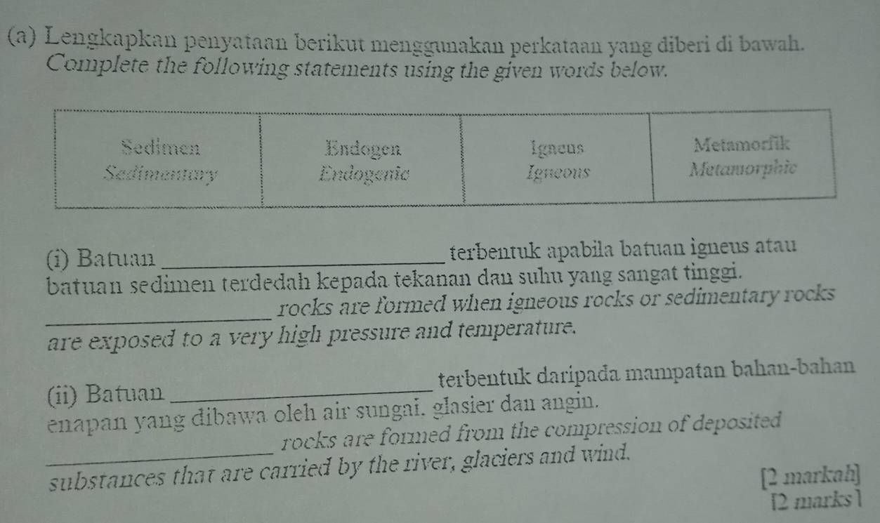 Lengkapkan penyataan berikut menggunakan perkataan yang diberi di bawah. 
Complete the following statements using the given words below. 
(i) Batuan _terbentuk apabila batuan igneus atau 
batuan sedimen terdedah kepada tekanan dan suhu yang sangat tinggi. 
_ 
rocks are formed when igneous rocks or sedimentary rocks 
are exposed to a very high pressure and temperature. 
(ii) Batuan _terbentuk daripađa mampatan bahan-bahan 
enapan yang dibawa oleh air sungai. glasier dan angin. 
rocks are formed from the compression of deposited 
_substances that are carried by the river, glaciers and wind. 
[2 markah] 
[2 marks ]