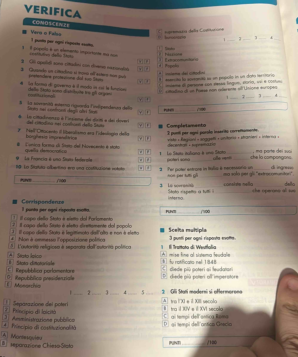 VERIFICA
CONOSCENZE
Vero o Falso
Co supremazia della Costituzione
D burocrazia _3 _^
1 _2
_
1 punto per ogni risposta esatta.
Stato
Il popolo é un elemento importante ma no
costitutivo dello Stata
2 Nazione
M P  Extracomunitario
2 Gli apolidi sono cittadini con diversa nazionalità If
4 Popolo
A insieme dei cittadini
3 Quando un cittadino si trova all'estero non può
pretendere protezione dal suo Stato ν F
B esercita la sovranità su un popolo in un dato territorio
C insieme di persone con stessa lingua, storia, usi e costumi
4 La forma di governo è íl modo in cui le funzioni _2_ 3_ 4_
dello Stato sono distribuite tra gli organi
D  cittadino di un Paese non aderente all'Unione europea
costituzionali ν F
1
5 La sovranità esterna riguarda l'indipendenza dello
Stato nei confronti degli altri Stati V F PUNTI _/100
6 La cittadinanza è l'insieme dei diritti e dei doveri
del cittadino nei confronti dello Stato
V F Completamento
7 Nell'Ottocento il liberalismo era l'ideologia della 2 punti per ogni parola inserita correttamente.
borghesia imprenditrice v F visto « Regioni » soggetti » unitario » stranieri « interna »
8 L'unica forma di Stato del Novecento è stata decentrati«supremazia
quella democratica
F  Lo Stato italiano è uno Stato _, ma parte dei suoi 
9 La Francia è uno Stato federale F poteri sono _alle venti _che lo compongono.
10 Lo Statuto albertino era una costituzione votata F 2 Per poter entrare in Italia è necessario un _di ingresso
PUNTI _/100 non per tutti gli _ma solo per gli “extracomunitari”.
3 La sovranità _consiste nella _dello
Stato rispetto a tutti i _che operano al suo
interno.
Corrispondenze
1 punto per ogni risposta esatta. _/100
PUNTI
D II capo dello Stato è eletto dal Parlamento
2  Il capo dello Stato è eletto direttamente dal popolo
3 Il capo dello Stato è legittimato dall'alto e non è eletto Scelta multipla
4 Non è ammessa l'opposizione politica 3 punti per ogni risposta esatta.
5] L'autorità religiosa è separata dall'autorità politica 1 Il Trattato di Westfalia
A Stato laico A mise fine al sistema feudale
B Stato dittatoriale B fu ratificato nel 1848
C Repubblica parlamentare C diede più poteri ai feudatari
D Repubblica presidenziale D diede più poteri all'imperatore
E Monarchia
1 _2_ 3_ 4 _5_ 2 Gli Stati moderni si affermarono
¹ Separazione dei poteri A tra l'XI e il XIII secolo
2 Principio di laicità B tra il XIV e il XVI secolo
3  Amministrazione pubblica C ai tempi dell'antica Roma
A Principio di costituzionalità D  ai tempi dell´antica Grecia
A Montesquieu
B separazione Chiesa-Stato PUNTI_ /100