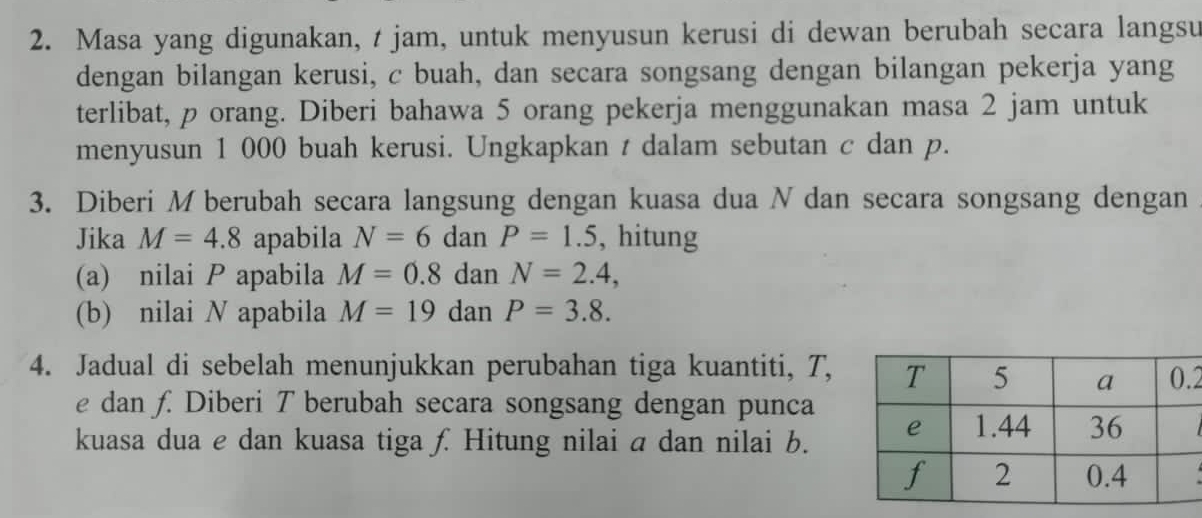 Masa yang digunakan, t jam, untuk menyusun kerusi di dewan berubah secara langsu 
dengan bilangan kerusi, c buah, dan secara songsang dengan bilangan pekerja yang 
terlibat, p orang. Diberi bahawa 5 orang pekerja menggunakan masa 2 jam untuk 
menyusun 1 000 buah kerusi. Ungkapkan t dalam sebutan c dan p. 
3. Diberi M berubah secara langsung dengan kuasa dua N dan secara songsang dengan 
Jika M=4.8 apabila N=6da nP=1.5 , hitung 
(a) nilai P apabila M=0.8 dan N=2.4, 
(b) nilai N apabila M=19 dan P=3.8. 
4. Jadual di sebelah menunjukkan perubahan tiga kuantiti, T, 2
e dan f. Diberi T berubah secara songsang dengan punca 
kuasa dua e dan kuasa tiga £ Hitung nilai a dan nilai b.