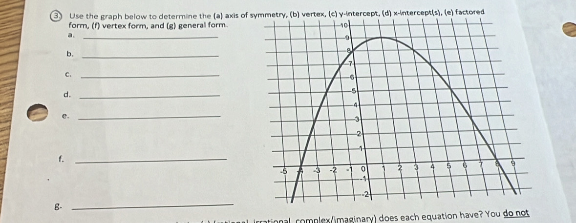 ③ Use the graph below to determine the (a) axis of tercept, (d) x-intercept(s), (e) factored 
form, (f) vertex form, and (g) general form. 
a._ 
b._ 
c._ 
d._ 
e._ 
f._ 
g. 
_ 
trational complex/imaginary) does each equation have? You do not