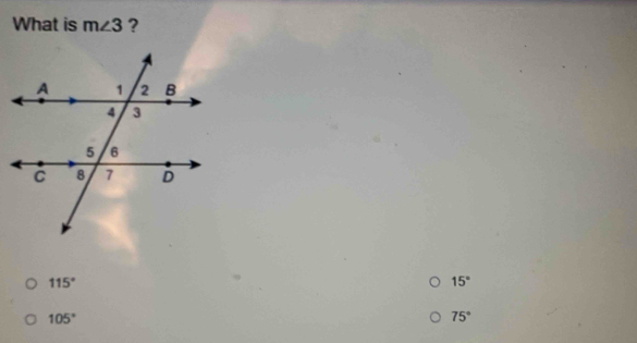 What is m∠ 3 ?
115°
15°
105°
75°