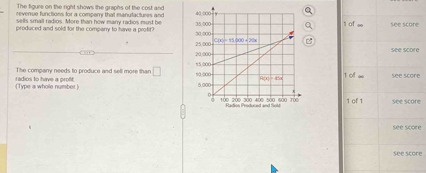 The figure on the right shows the graphs of the cost and
revenue functions for a company that manufactures and 
sells small radios. More than how many radios must be
produced and sold for the company to have a profit? e
e
The company needs to produce and sell more than □ e
radios to have a profit
(Type a whole number.) 
e
e
re