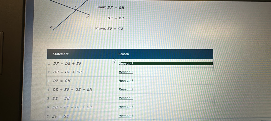 Given: DF=GH
DE=EH
Prove: EF=GE