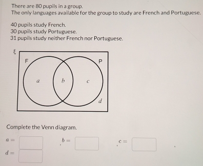 There are 80 pupils in a group. 
The only languages available for the group to study are French and Portuguese.
40 pupils study French.
30 pupils study Portuguese.
31 pupils study neither French nor Portuguese. 
Complete the Venn diagram.
a= b=□ c=□
d=