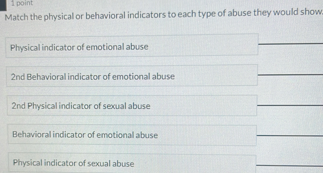 Match the physical or behavioral indicators to each type of abuse they would show.
Physical indicator of emotional abuse
2nd Behavioral indicator of emotional abuse
2nd Physical indicator of sexual abuse
Behavioral indicator of emotional abuse
Physical indicator of sexual abuse