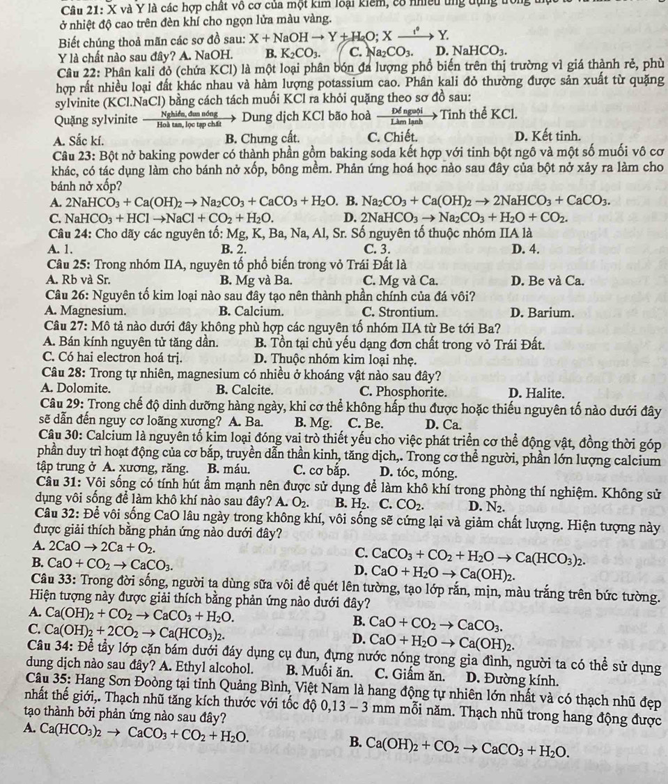 và Y là các hợp chất vô cơ của một kim loại kiểm, c8 nhiều tng tụng trong t
ở nhiệt độ cao trên đèn khí cho ngọn lửa màu vàng.
Biết chúng thoả mãn các sơ đồ sau: X+NaOHto Y+H_2O;Xto Y.Y.
Y là chất nào sau đây? A. NaOH. B. K_2CO_3. C. Na_2CO_3. D. NaHCO_3.
Câu 22: Phân kali đỏ (chứa KCl) là một loại phân bón đa lượng phổ biến trên thị trường vì giá thành rẻ, phù
hợp rất nhiều loại đất khác nhau và hàm lượng potassium cao. Phân kali đỏ thường được sản xuất từ quặng
sylvinite (KCl.NaCl) bằng cách tách muối KCl ra khỏi quặng theo sơ đồ sau:
Quặng sylvinite Hos tan, lọc tạp chất Nghiền, đun nóng Dung dịch KCl bão hoà  Denguphi i/Limlanh to Tinh thể KCl.
A. Sắc kí. B. Chưng cất. C. Chiết. D. Kết tinh.
Câu 23: Bột nở baking powder có thành phần gồm baking soda kết hợp với tinh bột ngô và một số muối vô cơ
khác, có tác dụng làm cho bánh nở xốp, bông mềm. Phản ứng hoá học nào sau đây của bột nở xảy ra làm cho
bánh nở xốp?
A. 2NaHCO_3+Ca(OH)_2to Na_2CO_3+CaCO_3+H_2O. B. Na_2CO_3+Ca(OH)_2to 2NaHCO_3+CaCO_3.
C. NaHCO_3+HClto NaCl+CO_2+H_2O. D. 2Na HCO_3to Na_2CO_3+H_2O+CO_2.
Câu 24: Cho dãy các nguyên tố: Mg, K, Ba, Na, Al, Sr. Số nguyên tố thuộc nhóm IIA là
A. 1. B. 2. C. 3. D. 4.
Câu 25: Trong nhóm IIA, nguyên tổ phổ biến trong vỏ Trái Đất là
A. Rb và Sr. B. Mg và Ba. C. Mg và Ca. D. Be và Ca.
Câu 26: Nguyên tố kim loại nào sau đây tạo nên thành phần chính của đá vôi?
A. Magnesium. B. Calcium. C. Strontium. D. Barium.
Câu 27: Mô tả nào dưới đây không phù hợp các nguyên tố nhóm IIA từ Be tới Ba?
A. Bán kính nguyên tử tăng dần. B. Tồn tại chủ yếu dạng đơn chất trong vỏ Trái Đất.
C. Có hai electron hoá trị. D. Thuộc nhóm kim loại nhẹ.
Câu 28: Trong tự nhiên, magnesium có nhiều ở khoáng vật nào sau đây?
A. Dolomite. B. Calcite. C. Phosphorite. D. Halite.
Câu 29: Trong chế độ dinh dưỡng hàng ngày, khi cơ thể không hấp thu được hoặc thiếu nguyên tố nào dưới đây
sẽ dẫn đến nguy cơ loãng xương? A. Ba. B. Mg. C. Be. D. Ca.
Câu 30: Calcium là nguyên tố kim loại đóng vai trò thiết yếu cho việc phát triển cơ thể động vật, đồng thời góp
phần duy trì hoạt động của cơ bắp, truyền dẫn thần kinh, tăng dịch,. Trong cơ thể người, phần lớn lượng calcium
tập trung ở A. xương, răng. B. máu. C. cơ bắp. D. tóc, móng.
Câu 31: Vôi sống có tính hút ẩm mạnh nên được sử dụng để làm khô khí trong phòng thí nghiệm. Không sử
dụng vôi sống để làm khô khí nào sau đây? A. O_2. B. H_2. C. CO_2. D. N_2.
Câu 32: Để vôi sống CaO lâu ngày trong không khí, vôi sống sẽ cứng lại và giảm chất lượng. Hiện tượng này
được giải thích bằng phản ứng nào dưới đây?
A. 2CaOto 2Ca+O_2.
C. CaCO_3+CO_2+H_2Oto Ca(HCO_3)_2.
B. CaO+CO_2to CaCO_3.
D. CaO+H_2Oto Ca(OH)_2.
Câu 33: Trong đời sống, người tạ dùng sữa vôi đề quét lên tường, tạo lớp rắn, mịn, màu trắng trên bức tường.
Hiện tượng này được giải thích bằng phản ứng nào dưới đây?
A. Ca(OH)_2+CO_2to CaCO_3+H_2O. CaO+CO_2to CaCO_3.
B.
C. Ca(OH)_2+2CO_2to Ca(HCO_3)_2.
D. CaO+H_2Oto Ca(OH)_2.
Câu 34: Để tầy lớp cặn bám dưới đáy dụng cụ đun, đựng nước nóng trong gia đình, người ta có thể sử dụng
dung dịch nào sau đây? A. Ethyl alcohol. B. Muối ăn. C. Giấm ăn. D. Đường kính.
Câu 35: Hang Sơn Đoòng tại tỉnh Quảng Bình, Việt Nam là hang động tự nhiên lớn nhất và có thạch nhũ đẹp
nhất thế giới,. Thạch nhũ tăng kích thước với tốc độ 0,13-3 mm mỗi năm. Thạch nhũ trong hang động được
tạo thành bởi phản ứng nào sau đây?
A. Ca(HCO_3)_2to CaCO_3+CO_2+H_2O. B. Ca(OH)_2+CO_2to CaCO_3+H_2O.