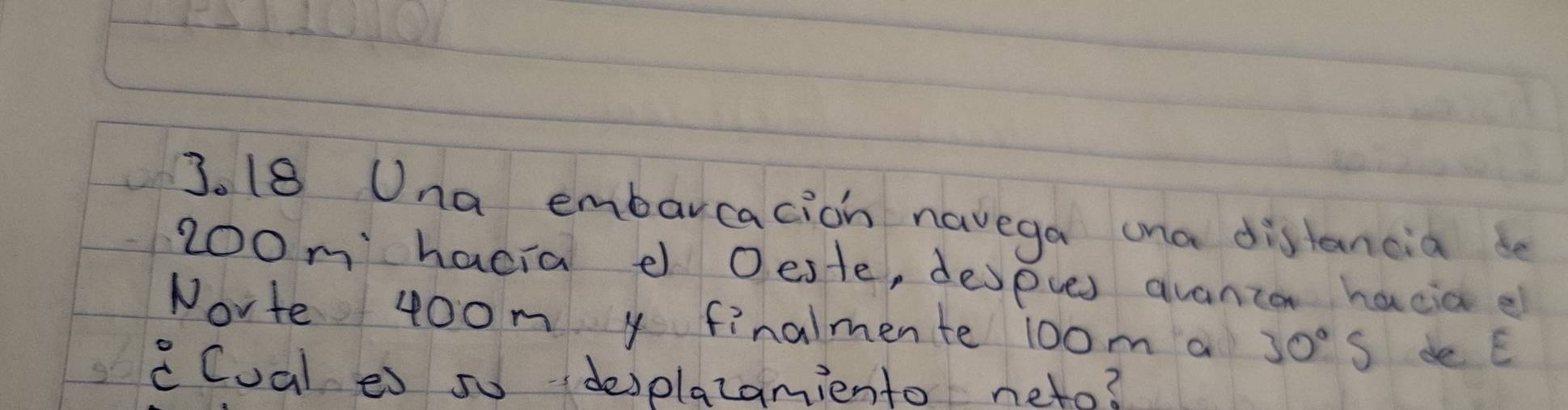 Una embarcacion navega ana distancia de
2oom hacia e Oeste, depues avanca haciae 
Norte 400m y finalmente 10om a 30°S de E 
cCual es so desplazamiento neto?