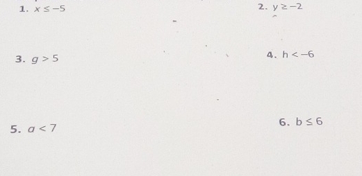 x≤ -5 y≥ -2
3. g>5
4、 h
6. b≤ 6
5. a<7</tex>