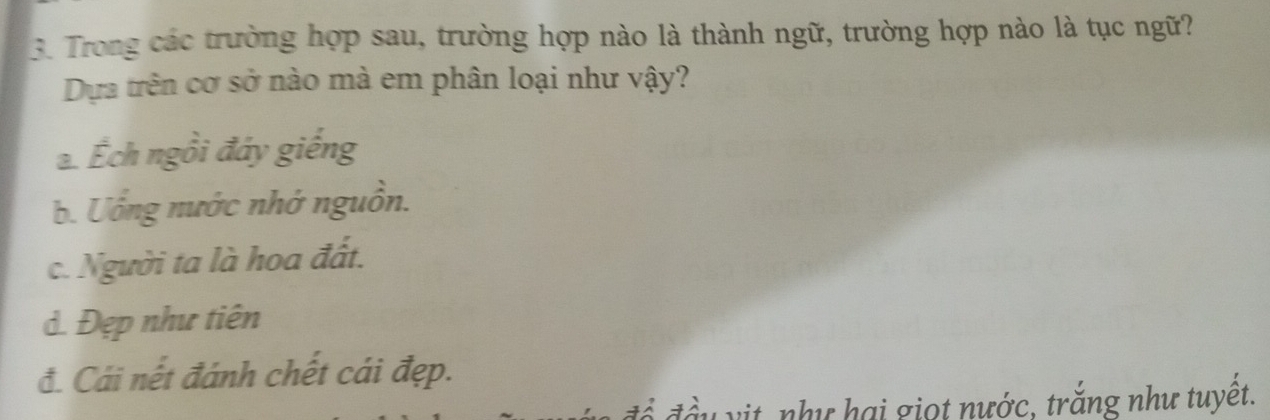 Trong các trường hợp sau, trường hợp nào là thành ngữ, trường hợp nào là tục ngữ?
Dựa trên cơ sở nào mà em phân loại như vậy?
a Ếch ngồi đáy giếng
b. Uống nước nhớ nguồn.
c. Người ta là hoa đất.
d. Đẹp như tiên
đ. Cái nết đánh chết cái đẹp.
để đầu vịt, như hai giọt nước, trăng như tuyết.