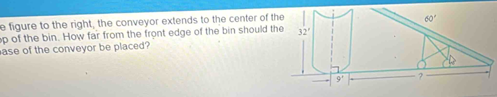 figure to the right, the conveyor extends to the center of t
op of the bin. How far from the front edge of the bin should th
ase of the conveyor be placed?