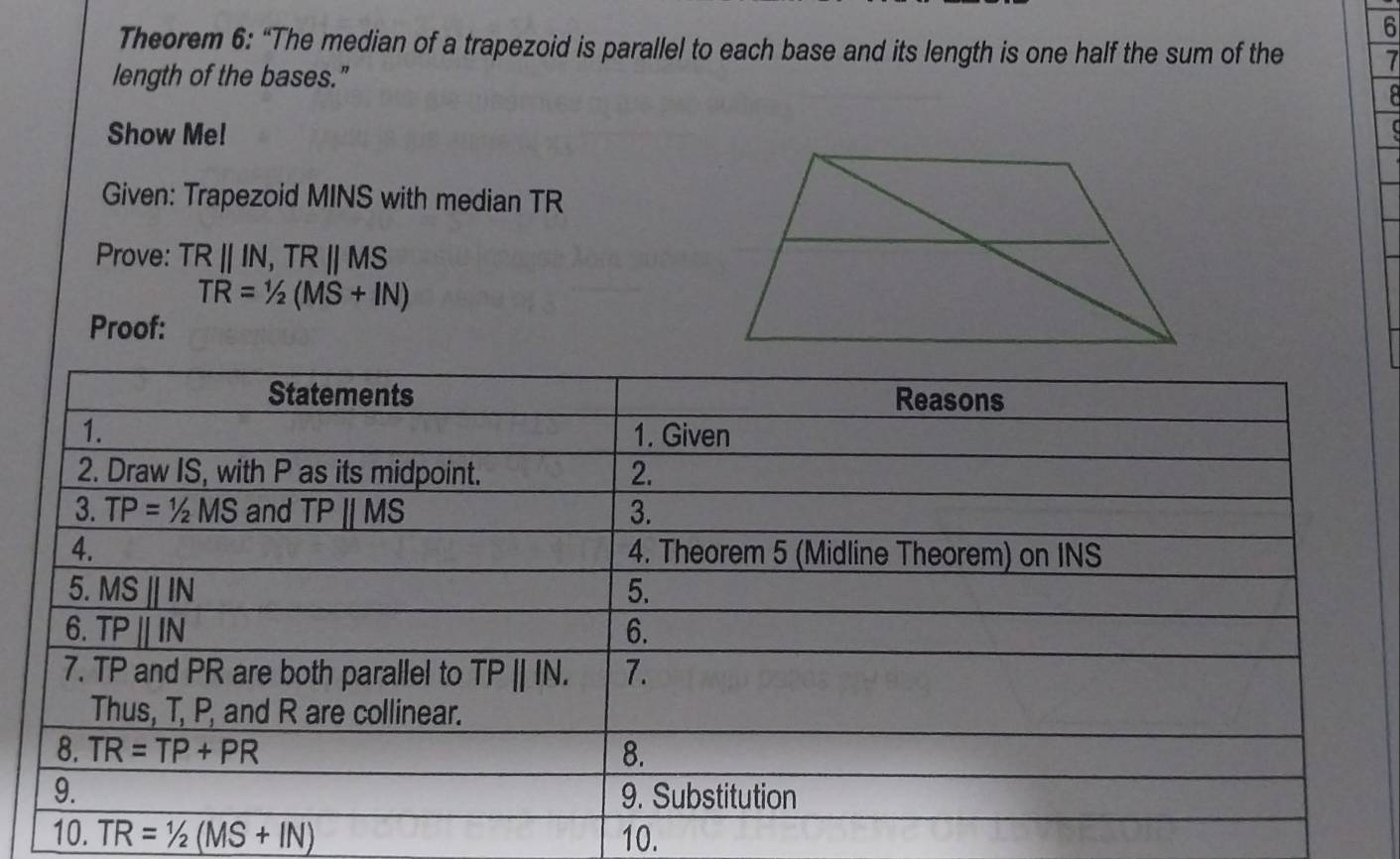 Theorem 6: “The median of a trapezoid is parallel to each base and its length is one half the sum of the 7
length of the bases."
Show Me!
(
Given: Trapezoid MINS with median TR
Prove: TRparallel IN,TRparallel MS
TR=1/2(MS+IN)
Proof:
10. TR=1/2(MS+IN) 10.