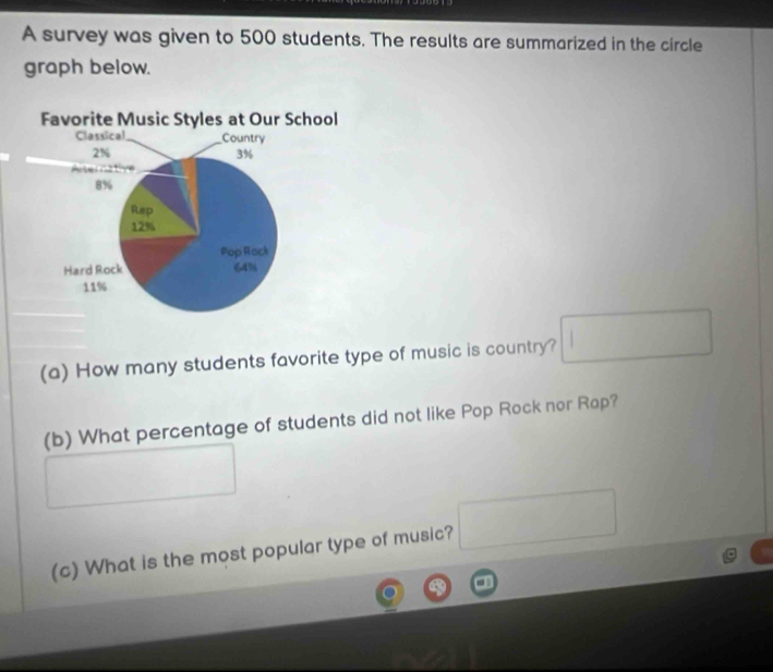 A survey was given to 500 students. The results are summarized in the circle 
graph below. 
(a) How many students favorite type of music is country? □ 
(b) What percentage of students did not like Pop Rock nor Rop? 
(c) What is the most popular type of music? □