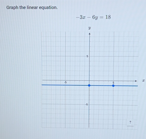 Graph the linear equation.
-3x-6y=18
x