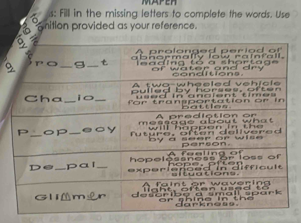 MAPEH 
s: Fill in the missing letters to complete the words. Use 
onition provided as your reference.