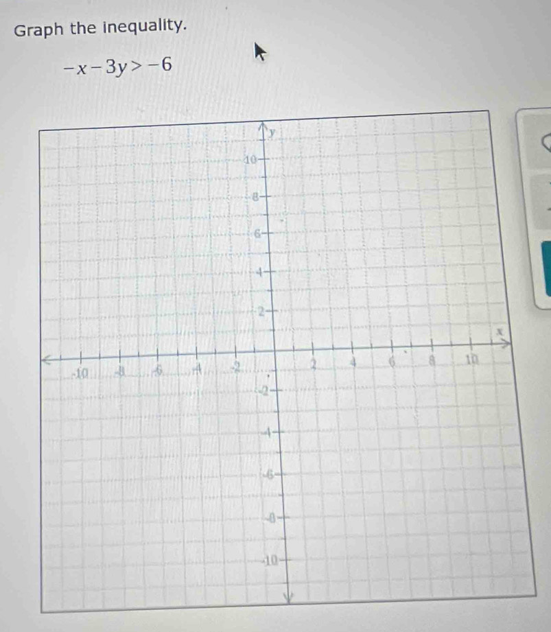 Graph the inequality.
-x-3y>-6