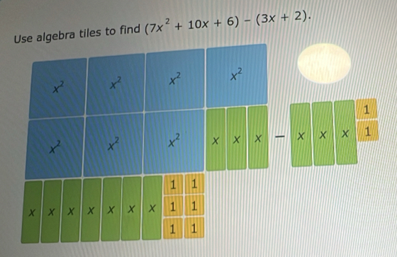 tiles to find (7x^2+10x+6)-(3x+2).