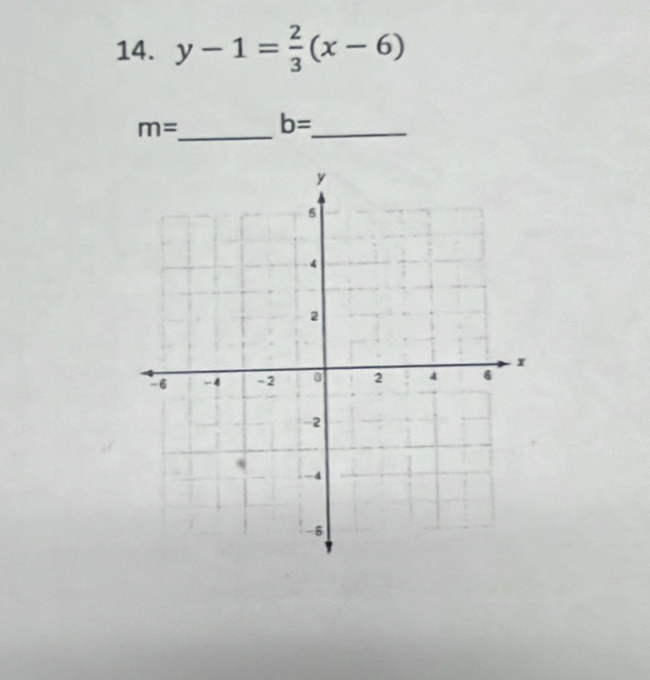 y-1= 2/3 (x-6)
m= _ 
_ b=