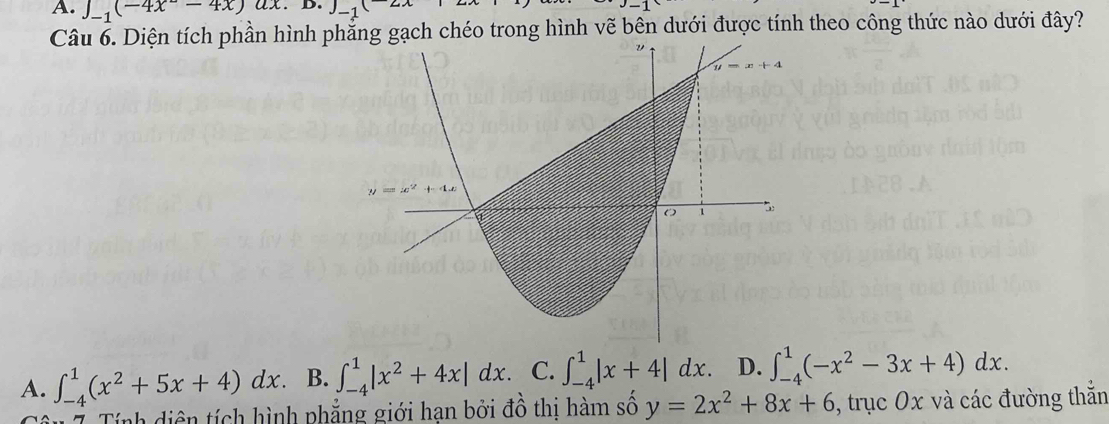 J_-1(-4x-4x) x. D. J_-1(
Câu 6. Diện tích phần hình phạch chéo trong hình vẽ bên dưới được tính theo công thức nào dưới đây?
A. ∈t _(-4)^1(x^2+5x+4)dx. B. ∈t _(-4)^1|x^2+4x|dx. C. ∈t _(-4)^1|x+4|dx. D. ∈t _(-4)^1(-x^2-3x+4)dx.
7 Tính diện tích hình phẳng giới hạn bởi đồ thị hàm số y=2x^2+8x+6 , trục 0x và các đường thẳn