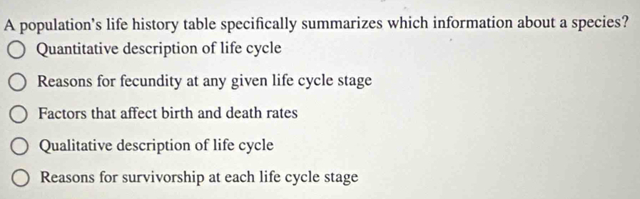 A population’s life history table specifically summarizes which information about a species?
Quantitative description of life cycle
Reasons for fecundity at any given life cycle stage
Factors that affect birth and death rates
Qualitative description of life cycle
Reasons for survivorship at each life cycle stage