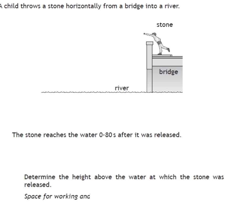 A child throws a stone horizontally from a bridge into a river. 
The stone reaches the water 0·80s after it was released. 
Determine the height above the water at which the stone was 
released. 
Space for working and