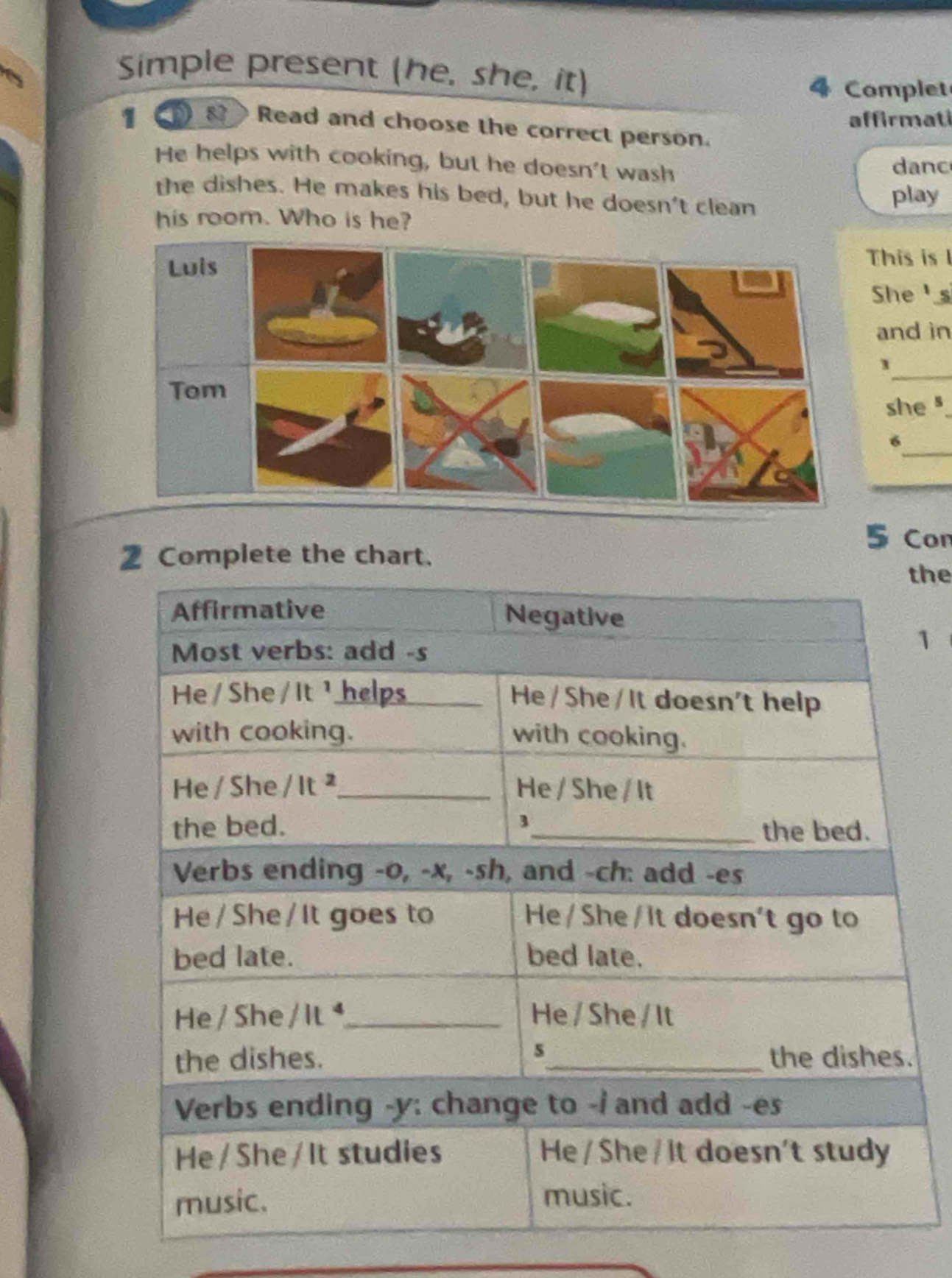 Simple present (he, she, it)
4 Complet
affirmati
8 Read and choose the correct person.
He helps with cooking, but he doesn't wash danc
the dishes. He makes his bed, but he doesn't clean
play
his room. Who is he?
This is I
She s
and in
_
1
she '
_
6
5 Con
2 Complete the chart.
he
1