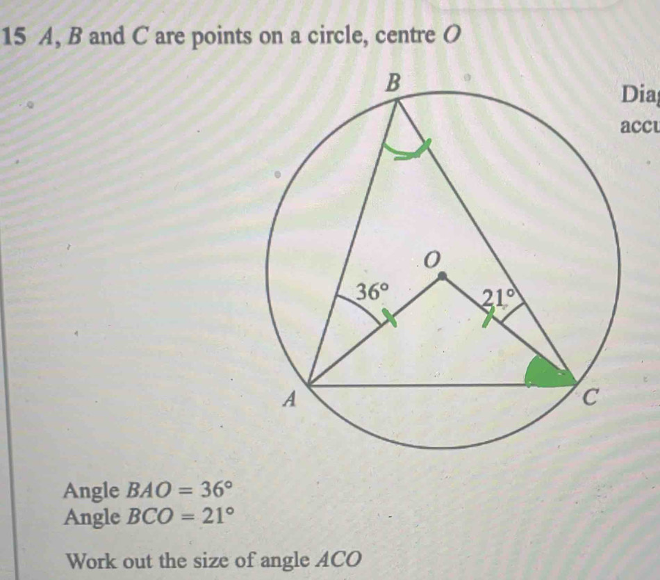 Solved: A, B and C are points on a circle, centre O Dia acct Angle BAO ...