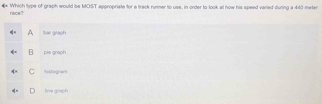 Which type of graph would be MOST appropriate for a track runner to use, in order to look at how his speed varied during a 440 meter
race?
A bar graph
B pie graph
C histogram
line graph