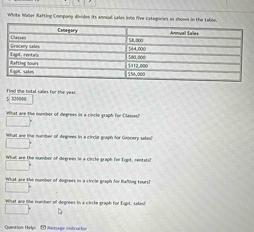 White Water Rafting Company divides its annual sales into five categories as shown in the table. 
Find the total sales for the year.
$ 320000
What are the number of degrees in a circle graph for Classes?
□ =□
□ 
What are the number of degrees in a circle graph for Grocery sales?
□°
What are the number of degrees in a circle graph for Eqpt. rentals?
□°
What are the number of degrees in a circle graph for Rafting tours?
□°
What are the number of degrees in a circle graph for Eqpt, sales?
x_TA=□  | 
Question Help: Message instructor