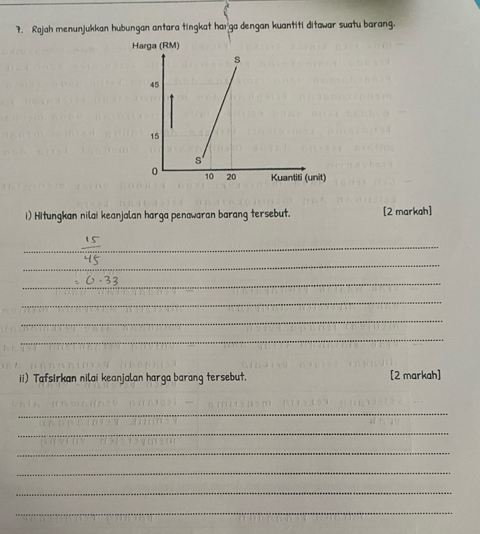 Rajah menunjukkan hubungan antara tingkat haı ga dengan kuantiti ditawar suatu barang. 
Harga (RM) 
i) Hitungkan nilai keanjalan harga penawaran barang tersebut. [2 markah] 
_ 
_ 
_ 
_ 
_ 
_ 
ii) Tafsirkan nilai keanjalan harga barang tersebut. [2 markah] 
_ 
_ 
_ 
_ 
_ 
_
