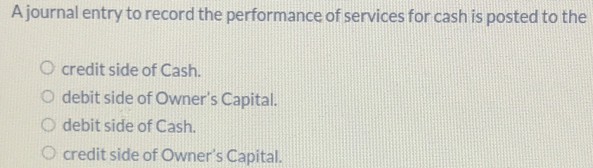 A journal entry to record the performance of services for cash is posted to the
credit side of Cash.
debit side of Owner's Capital.
debit side of Cash.
credit side of Owner’s Capital.