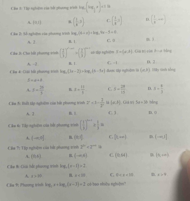 Câu 1: Tập nghiệm của bắt phương trình log _3(log _ 1/2 x)<1</tex> là
A. (0,1). B. ( 1/8 :3). C. ( 1/8 :1). D. ( 1/8 ,+∈fty ).
Câu 2:Sdot  nghiệm của phương trình log _3(6+x)+log _39x-5=0.
A. 2 B. 1 C. 0 D. 3
Câu 3: Cho bất phương trình ( 2/3 )^x^2-x+1>( 2/3 )^2x-1 có tập nghiệm S=(a;b). Giá trị của b-c z bǎng
A. -2 B. 1. C. -1 D. 2 
Câu 4: Giải bắt phương trình log _2(3x-2)>log _2(6-5x) được tập nghiệm là (a,b). Hãy tính tổng
S=a+b.
A. S= 26/5  B. S= 11/5 . C. S= 28/15 . D. S= 8/3 
Câu 5: Biết tập nghiệm của bất phương trình 2^x<3- 2/2^x  là (a;b). Giả trị 5a+3b bàng
A. 2 B. 1 . C. 3 . D. 0
Câu 6: Tập nghiệm của bất phương trình ( 1/3 )^2a-1≥  1/3 ld
A. (-∈fty ,0]. B. (0,1] C. [1;+∈fty ) D. (-∈fty ,1]
Câu 7: Tập nghiệm của bắt phương trình 2^(2x)<2^(x+6) là
A. (0,6). B. (-∈fty ,6). C. (0;64). D. (6,+∈fty ).
Câu 8: Giải bắt phương trình log _3(x-1)>2.
A. x>10 B. x<10. C. 0 D. x>9.
Câu 9: Phương trình log _2x+log _2(x-3)=2 có bao nhiêu nghiệm?