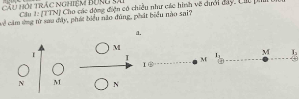 cầU hỏi trÁC nGHiệM đUNG Sải 
Cầu 1: [TTN] Cho các dòng điện có chiều như các hình vẽ dưới đây. Các phil I 
về cảm ứng từ sau đây, phát biểu nào đúng, phát biểu nào sai? 
a. 
M 
I 
I
I_1 M _ I_2 
M 
Ioplus 
N M N