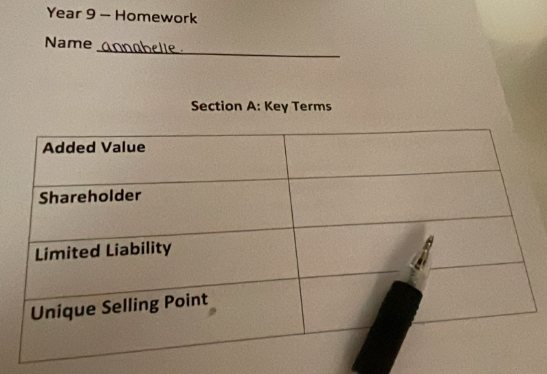 Year 9 - Homework 
_ 
Name 
Section A: Key Terms