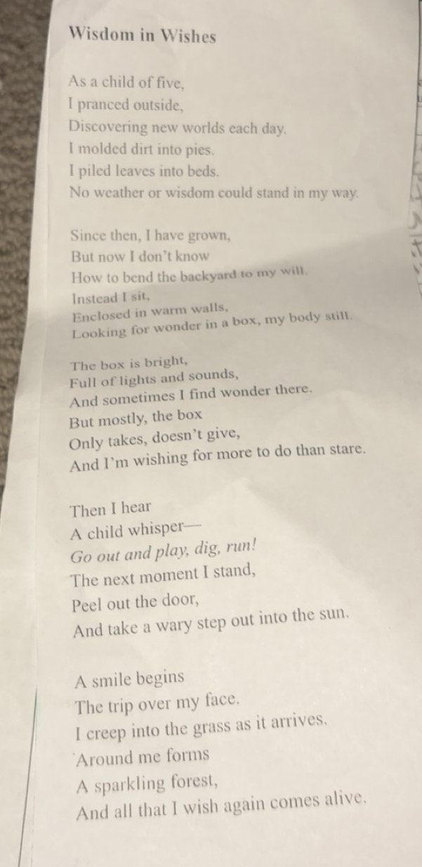 Solved: Wisdom in Wishes As a child of five, I pranced outside ...