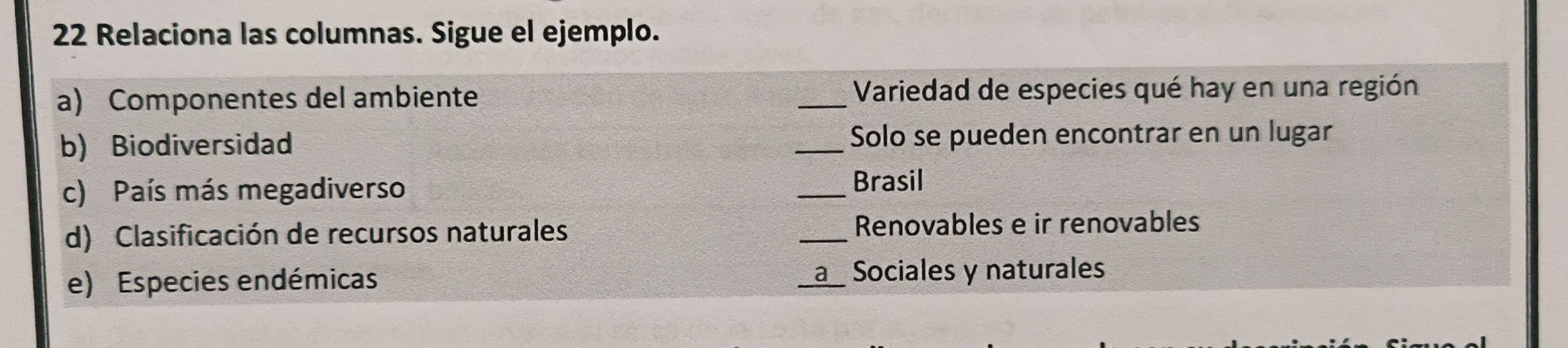 Relaciona las columnas. Sigue el ejemplo. 
a) Componentes del ambiente _ Variedad de especies qué hay en una región 
b) Biodiversidad _Solo se pueden encontrar en un lugar 
c) País más megadiverso _Brasil 
d) Clasificación de recursos naturales _Renovables e ir renovables 
e) Especies endémicas _a Sociales y naturales