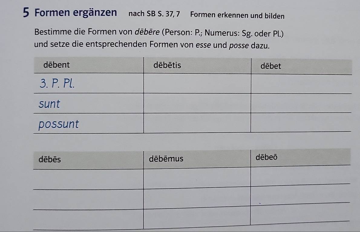 Formen ergänzen nach SB S. 37, 7 Formen erkennen und bilden 
Bestimme die Formen von dēbēre (Person: P.; Numerus: Sg. oder Pl.) 
und setze die entsprechenden Formen von esse und posse dazu.