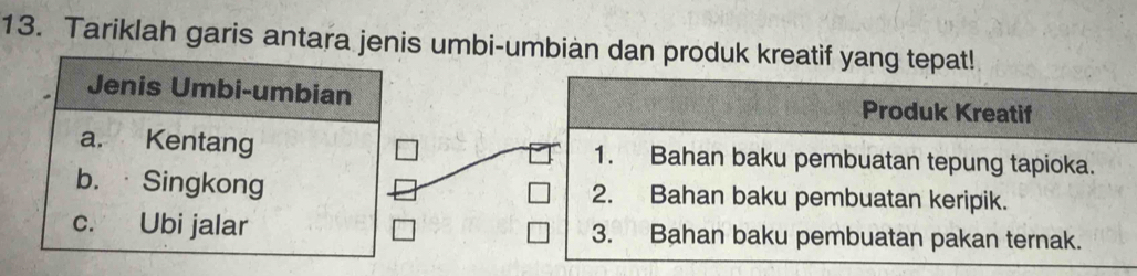 Tariklah garis antara jenis umbi-umbian dan produk kreatif yang tepat!
Produk Kreatif
1. Bahan baku pembuatan tepung tapioka.
2. Bahan baku pembuatan keripik.
3. Bahan baku pembuatan pakan ternak.