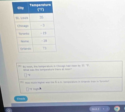 (8) By noon, the temperature in Chicago had risen by 11 °P. 
What was the temperature there at noon? 
" 
(1) How much higher was the 6 a.m. temperature in Orlando than in Toronto? 
*F high 
Check