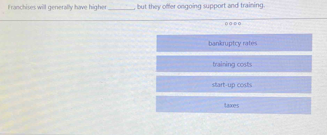 Franchises will generally have higher _, but they offer ongoing support and training.
bankruptcy rates
training costs
start-up costs
taxes