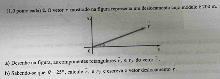 (1,0 ponto cada) 2. O vetor vector r mostrado na figura representa um deslocamento cujo módulo é 200 m.
a) Desenhe na figura, as componentes retangulares vector r_x e vector r do vetor vector r.
b) Sabendo-se que θ =25° , calcule vector r_x e vector r y e escreva o vetor deslocamento vector r.