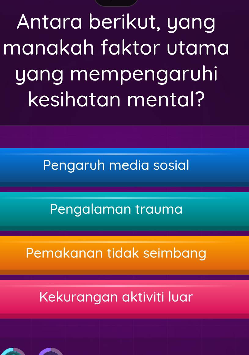 Antara berikut, yang
manakah faktor utama
yang mempengaruhi
kesihatan mental?
Pengaruh media sosial
Pengalaman trauma
Pemakanan tidak seimbang
Kekurangan aktiviti luar