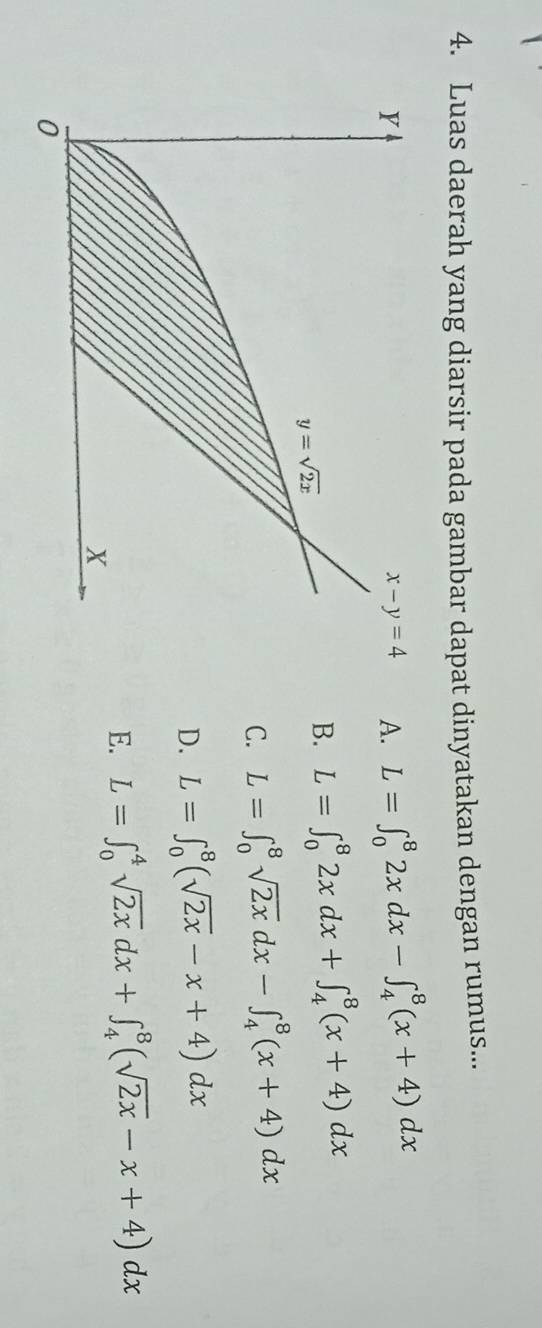 Luas daerah yang diarsir pada gambar dapat dinyatakan dengan rumus...
A. L=∈t _0^(82xdx-∈t _4^8(x+4)dx
B. L=∈t _0^82xdx+∈t _4^8(x+4)dx
C. L=∈t _0^8sqrt 2x)dx-∈t _4^(8(x+4)dx
D. L=∈t _0^8(sqrt 2x)-x+4)dx
E. L=∈t _0^(4sqrt 2x)dx+∈t _4^(8(sqrt 2x)-x+4)dx