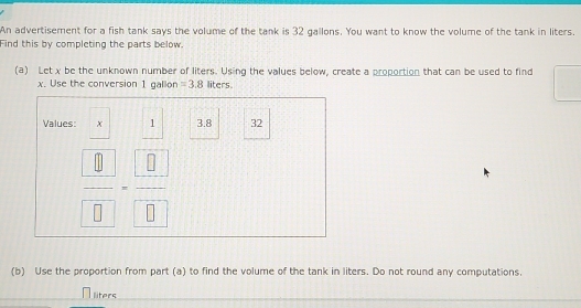 Solved: An advertisement for a fish tank says the volume of the tank is ...