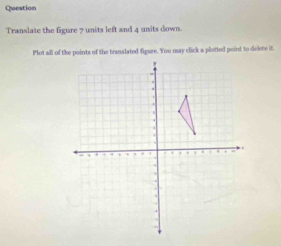 Question 
Translate the figure 7 units left and 4 units down 
Plot all of the points of the tranalated figure. You may click a plotted point to delete it