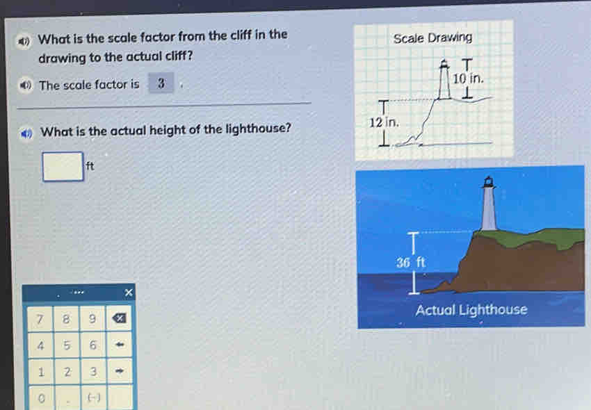 What is the scale factor from the cliff in the Scale Drawing 
drawing to the actual cliff? 
④ The scale factor is 3
What is the actual height of the lighthouse?
□ ft