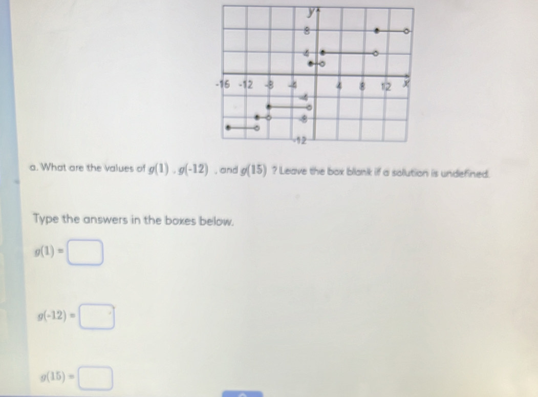 What are the values of g(1).g(-12) , and g(15) ? Leave the box blank if a solution is undefined. 
Type the answers in the boxes below.
g(1)=□
g(-12)=□
g(15)=□